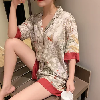 Жена комплект от 2 теми, пролетно-лятна пижама с къс ръкав за жени, коприна модерна пижама с цветя и птичи принтом, секси сатен, пижамный комплект