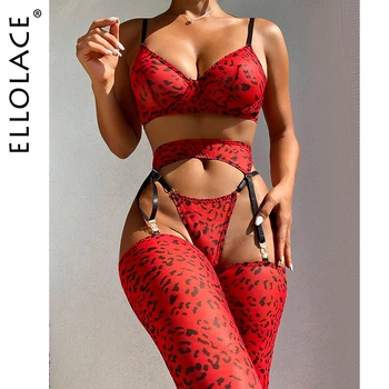 Жена леопардовое бельо Ellolace, завързана комплект дамско бельо с чулками, 4 предмета, еротични прашки с колани, необичаен комплект за тон
