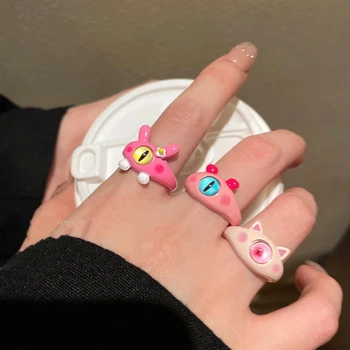 Конфетный цвят, който отваря пръстен с хубав анимационни Мяу-чудовище, за жени и Момичета, Цветни, Сладки Метални пръстени с неправилна форма с геометричен дизайн, Бижута, Подаръци
