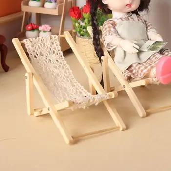 1:12 Мебели за куклена Къща Мини Сгъваем Шарени Дървени Плажен Стол С възможност за сгъване на Облегалката, Облегалка За слънчеви бани, Шезлонг за Кукли-Играчки