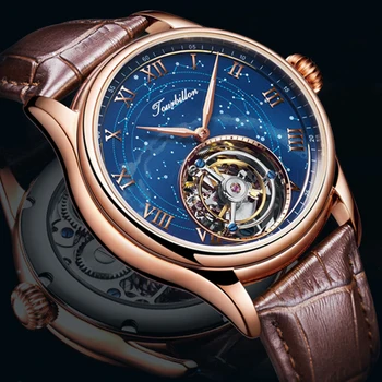100% Оригинални часовници Tourbillon, най-добрата марка за луксозни скелет, водоустойчив, син сапфир, романтичен, синьо, Звездното небе, циферблат, индивидуална настройка