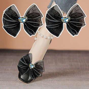 2 бр, черни щипки за обувки с бантиком от тюл във формата на сърце, Аксесоари за обувки с кристали, един Модерен Декор обувки, Свалящ се обтегач за обувки-лодочек