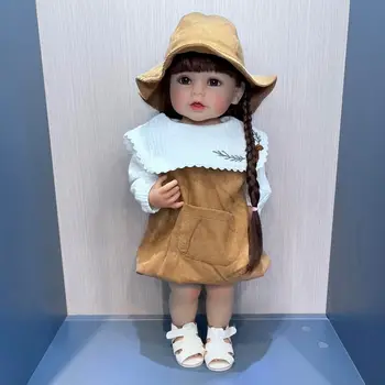 55 см Мека силиконова vinyl кукла за новородени момичета-деца с шапка, куклен перука, дълга коса, кукла-принцеса, реалистичен истински дете