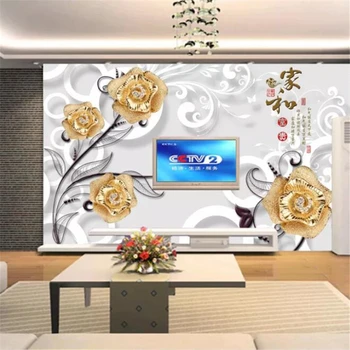 beibehang Потребителски тапети с релефни 3D диамант, златна роза, монтиран на стената телевизор, папие-маше, 5d стенни картини за хол, спалня, 8d тапети