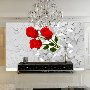 beibehang Стенно покритие по поръчка, мащабни стенописи, модерни 3D стерео тапети с рози, разби в стената, кабинет, хол, спалня