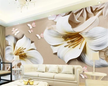 beibehang тапети за детска стая по поръчка модни винил стена с релефни във формата на лилии разтегателен фон флорални тапети, стенни рисувани от папие-маше 3d