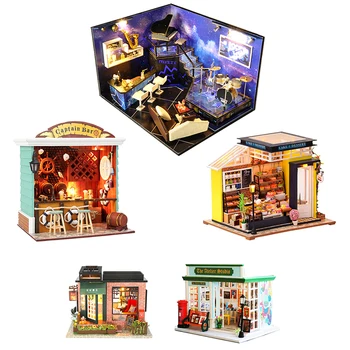 DIY wooden куклена къща Музикален бар Куклени къщи Миниатюрни с комплект мебели книжарница Студио Сладкарница Играчки за деца, Подарък за момичета и възрастни