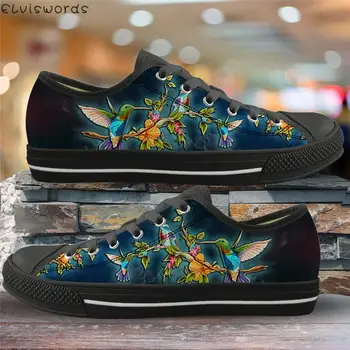 ELVISWORDS, Дизайнерска марка Вулканизированная обувки с цветя Папагал, Модни Дамски Леки Парусиновые Маратонки с ниска берцем, Младежки обувки На равна подметка дантела