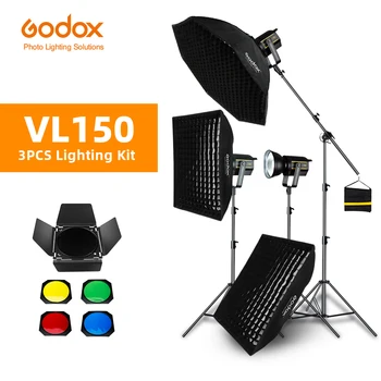Godox 3шт VL150 150 W 5600 До Бялата версия на LED Видео постоянна Светлина + 70x100 см Мрежест Софтбокс + 2,8 м Светлинна поставка Студиен светлина
