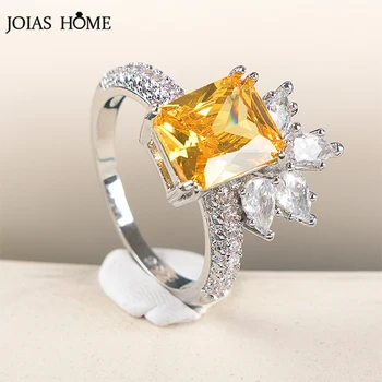 JoiasHome Квадратен пръстен с жълт цирконии 8x10 мм, женски сребърен пръстен проба 925, супер ярък скъпоценен камък, темперамент принцеса, сватбени декорации