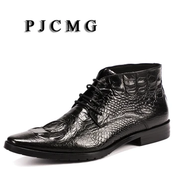 PJCMG/Нови пролетно-есенни мъжки модел обувки-Oxfords от естествена Кожа, дантела с Остри пръсти, Черно/червен на Цвят с Шарени Вол За Мъже