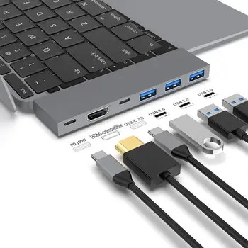 USB Докинг станция за лаптоп с 6 на 2, Двоен Тип C USB 3.0, съвместим с HDMI, PD 100 W, USB порт-C, Високоскоростен USB hub, докинг станция за адаптер