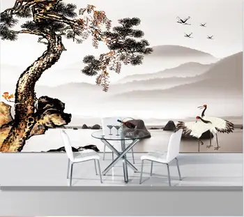 wellyu Индивидуални големи стенописи, 3d тапети китайски мастила бор дълголетие приятелски настроен борова фон на фона на тапети за хола