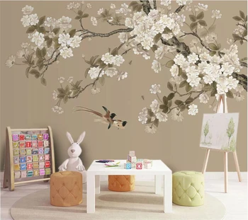 wewllyu Потребителски тапети 3D стенописи Gongbi Бегония цветя и птици фон стени, ръчно рисувани цветя и птици, 3d тапети