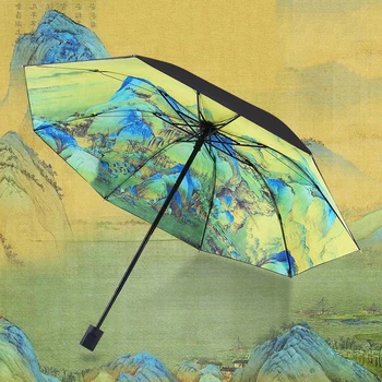 Автоматично чадъри Планински върхове Компактен чадър от слънцето Мъжки сгъваем пътен чадър от дъжд женски ръчен чадър с черно покритие