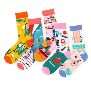 Дамски чорапи за екипажа, Персонални творчески илюстрация, Жаккардовый моден тренд, Универсална серия улично изкуство, Дамски памучни Чорапи N216
