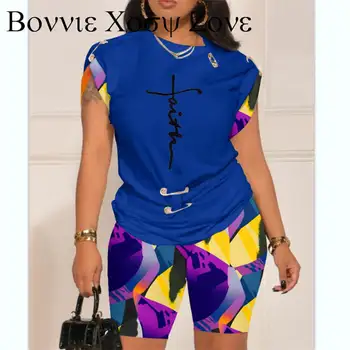 Жена годишният асиметричен топ и къси панталони с абстрактен геометричен принтом Faith