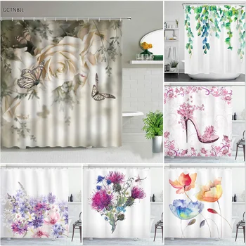 Завеса за душ с роза и пеперуда, бяло цвете, цветен принт, водоустойчив плат за пердета за баня от полиестер за декорация на баня