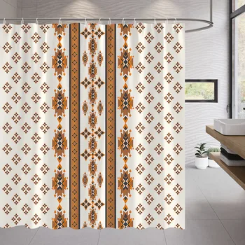 Завеса за душ с шарени бохо за декора на банята, плат, етнически стил, геометричен принт, набор от завеса за баня, куки, полиестерни, може да се пере