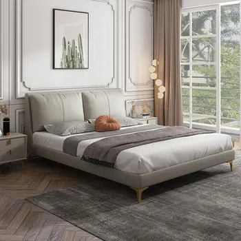 Италианската минималистичная двойно легло от масивна дървесина с таблата от кожа напа, меко легло, която насърчава модерен и дискретен светлина luxu