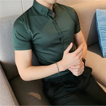 Корейската версия на мода тънките бизнес ризи с бродерия за официални събития, мъжки годишна проста риза с къси ръкави, ежедневни риза за партита