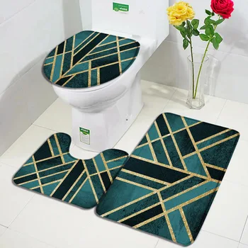 Креативен геометричен комплект постелки за баня модел от син мрамор и златни линии, модерен домашен килим, Украса баня, Нескользящие подложки, капак на тоалетната чиния