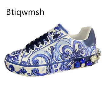 Луксозни мъжки маратонки Rhinstone с остри пръсти, синьо-бели порцеланови обувки на плоска подметка от естествена телешка кожа, мъжки модни лоферы
