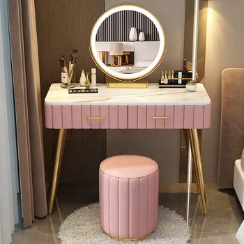 Минималистичен Тоалетка с led огледало, Бяла Тоалетка за грим, Многофункционална Вградена Спални, Модерни мебели