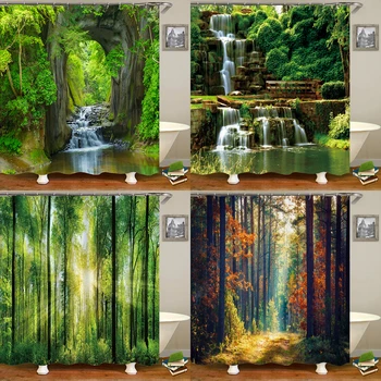 Модерна 3D печат, горска завеса за душ, зелено растение, дърво, пейзаж, завеса за баня С куки за баня, водоустойчив пейзаж