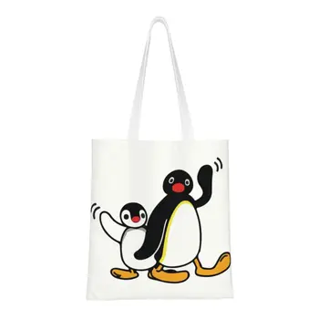 Модни чанти-тоут за пазаруване Pingu, торби за многократна употреба с шарките на Пингвин, аниме Kawai, холщовая чанта за пазаруване