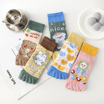 Мультяшные сладки чорапи с пет пръста, дамски памучни чорапи, комплект дишането на женските чорапи с домашен любимец принтом Kawaii