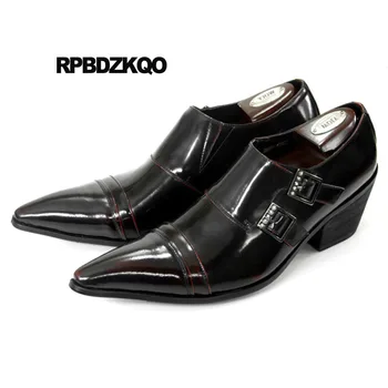 Мъжки италиански обувки на висок ток с остър пръсти, за булчински рокли, метални, нови, за подиум, голям размер 46, маркови, бордо, черен, с двойна каишка Монк