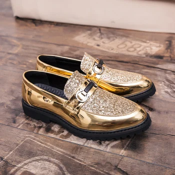 Мъжки лоферы от лачена кожа и злато, елитен марка, модни кожени обувки с метална катарама, ежедневни обувки-Оксфорд, мъжки обувки