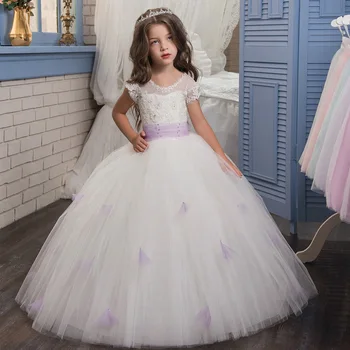Ново пищни рокля с завързана и бриллиантовым лилаво топка за момичета в цветенце, сватбена рокля за изпълнения на момичетата