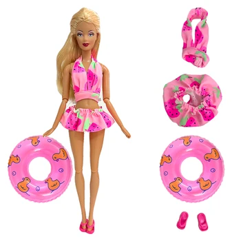 Официален NK, 4 бр./компл., куклен сладко ягодово бански (самостоятелна костюм) + случаен (кръг за плуване + пантофи) За кукли Барби 1/6 играчки