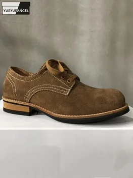 Реколта работни обувки карго от волска кожа, велур в британски стил с кръгла пръсти дантела, есенни офис ежедневни мъжки модел обувки са ръчна изработка от естествена кожа