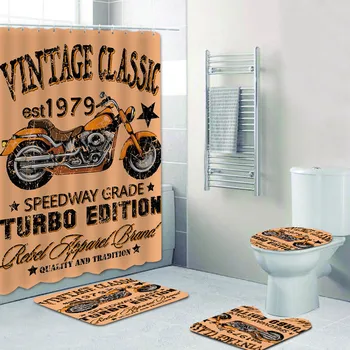Ретро класически плакат за пътуване на мотор Комплект завеси за душ в банята на Стария високоскоростен велосипед Постелки за баня, Килим Тоалетна Начало Декор