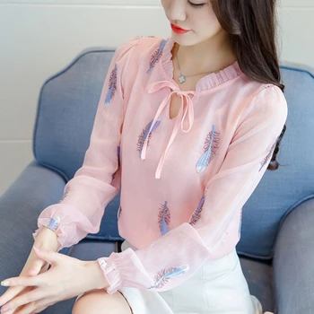 Розова шифоновая риза с принтом от пера, пролетно-лятната модна блуза 2023, елегантна риза с кръгло деколте и дълъг ръкав в корейски стил за жени