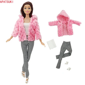 Розово палто от изкуствена кожа, дрехи за Барби кукли, модни тоалети, топ, панталон в клетката, сандали, обувки за 1/6 кукли, аксесоари