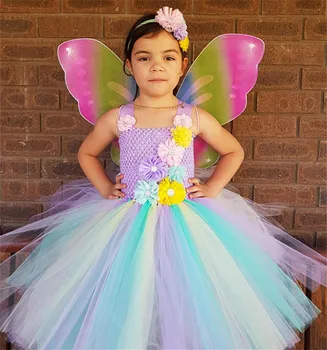 Рокля-пакетче с пастелни цветове за момичета, детски вязаное на една кука тюлевое рокля с крила на пеперуда и превръзка на главата, комплект детски празнични костюми за cosplay, рокли
