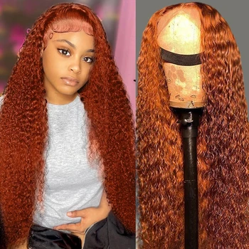Рыжеватый перука от човешка коса 13x4 на съвсем малък отпред, оранжеви къдрава прозрачни Перуки, изработени от Човешка Коса на съвсем малък отпред за жени, перука с цип 4X4