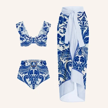 Синьо-бели бикини с фарфоровым принтом, укороченное секси Бикини с висока талия, дамска мода 2023, нередовен каишка, плажна наметало