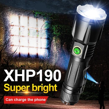 Супер мощен led фенерче XHP190 висока мощност, USB акумулаторна тактически фенер с увеличение, преносим уличен ръчен фенер