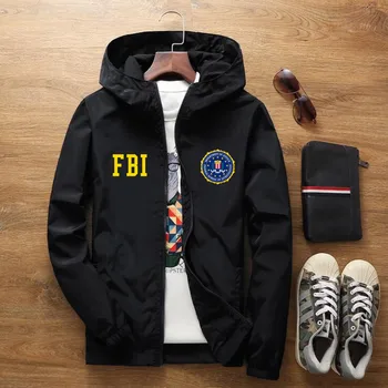 ФБР United States ФБР Shield Мъжки тънка ветровка, яке с цип, палта, спортно яке-бомбер с качулка, дрехи, паркове Оверсайз