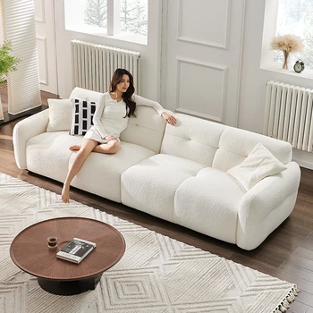 Френски крем диван в скандинавски стил, обикновено права редица, размера на хола, семеен диван от кадифе агне, облачен хляб, текстилен диван