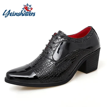 Черни Мъжки обувки-Oxfords На Дебелите ток 6 см на висок ток От лачена кожа, Ежедневна Рокля с шнур и Шарките, Класически Обувки за Сватбени партита